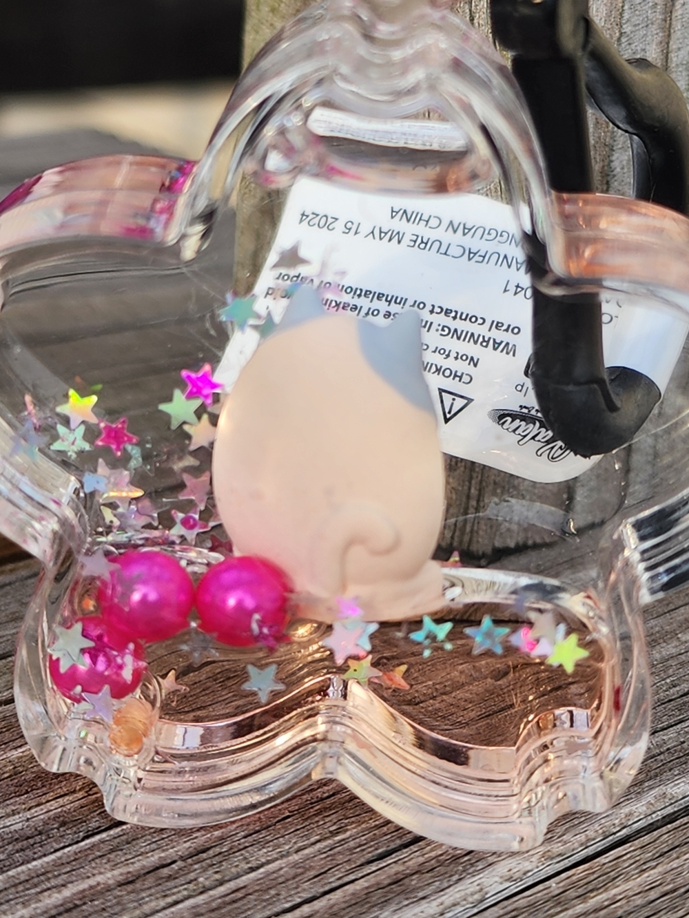 Clear Star-Shaped Floating Happy Kitty Cat Charm Keychain with Pink Accents - Picture 2 of 2